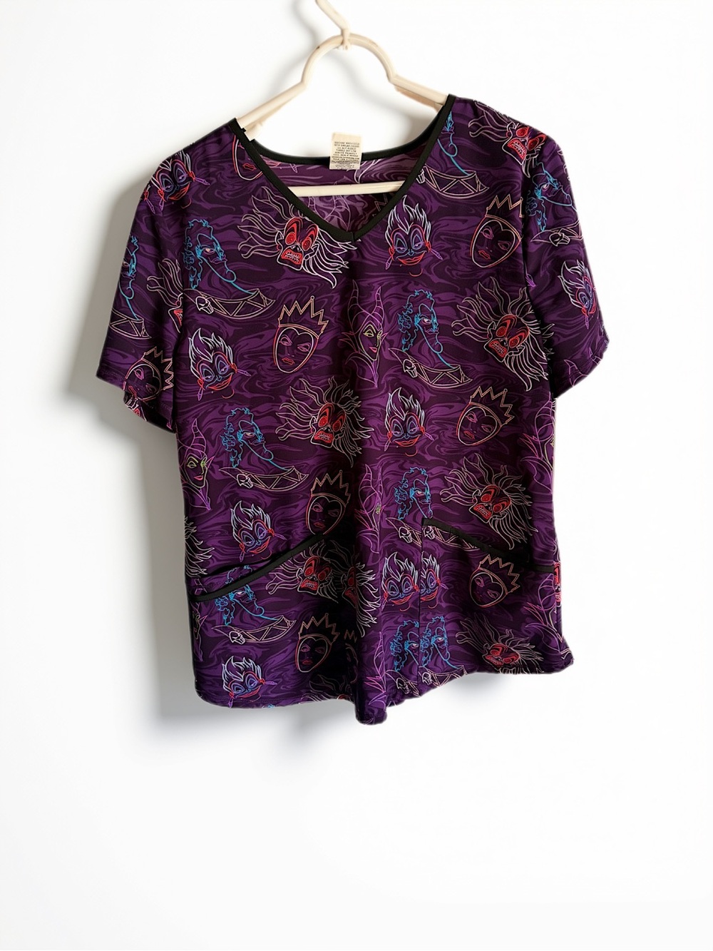 Purple V-Neck Short Sleeve Women's Scrub Top with Graphic Print